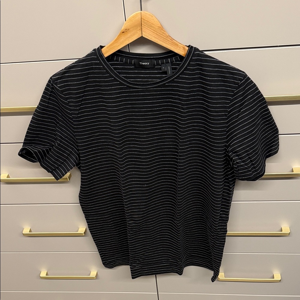 Theory Black and White Striped Short Sleeve Top